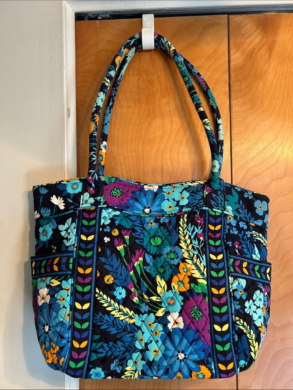 Vera Bradley Midnight Blues Floral Quilted Tote with Teal, Purple & Yellow